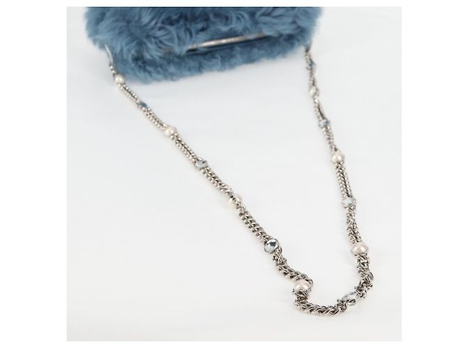 Bolsa de Ombro Miu Miu com Corrente de Pelo Azul Prata 5BD046 Auth 124300SAM - vista 7