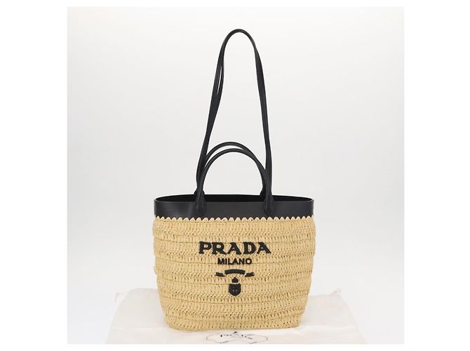 PRADA Borsa a Mano in Pelle di Paglia 2 in 1 Beige Nero Auth ka156V - vista 12