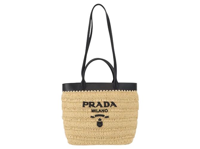 PRADA Borsa a Mano in Pelle di Paglia 2 in 1 Beige Nero Auth ka156V - vista 13