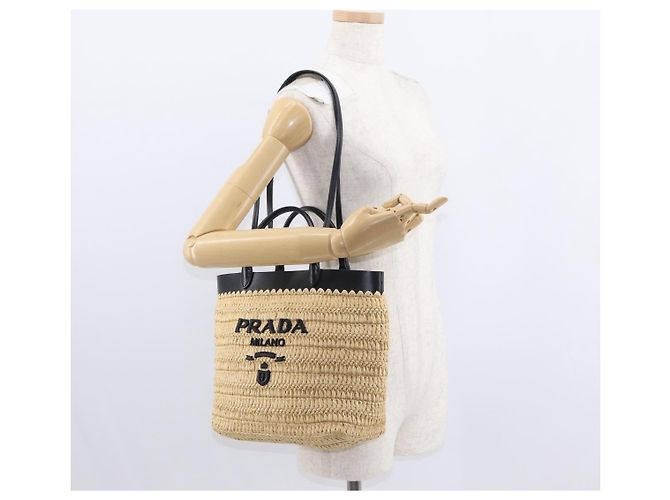PRADA Borsa a Mano in Pelle di Paglia 2 in 1 Beige Nero Auth ka156V - vista 22