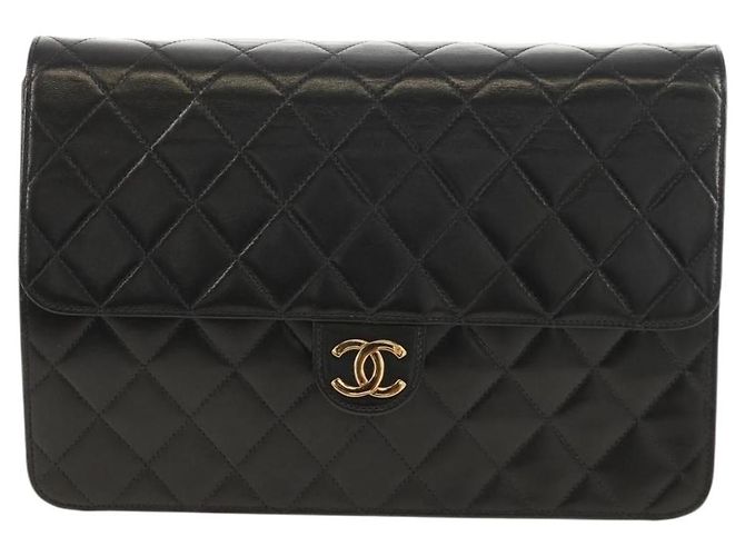 Bolso de cadena CHANEL de piel de cordero negro con cadena dorada CC Auth 148654SAM Dorado - vista 13
