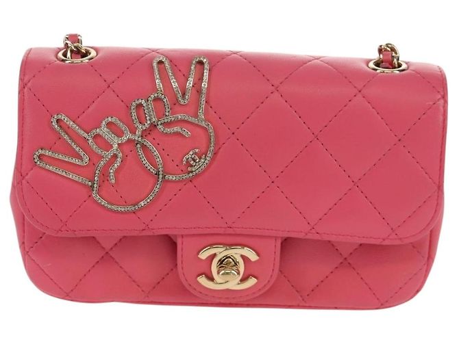 CHANEL Bolsa de Ombro Matelassé em Couro de Cordeiro Rosa Ouro CC Auth ka592SAM Dourado - vista 13