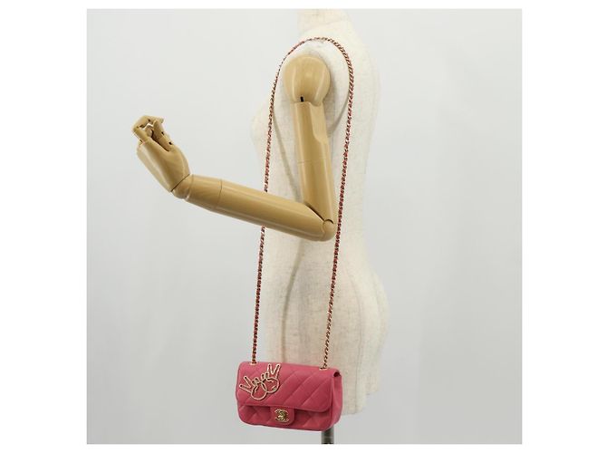 CHANEL Bolsa de Ombro Matelassé em Couro de Cordeiro Rosa Ouro CC Auth ka592SAM Dourado - vista 28
