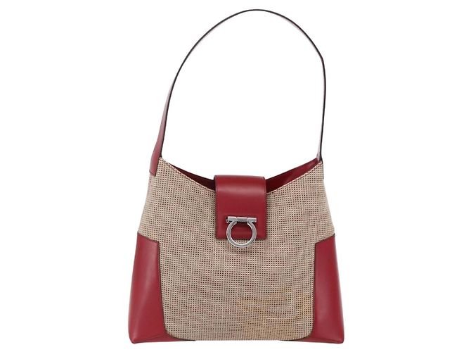 Borsa a Spalla Gancini in Tela Beige Argento Salvatore Ferragamo Auth gh1189 - vista 2