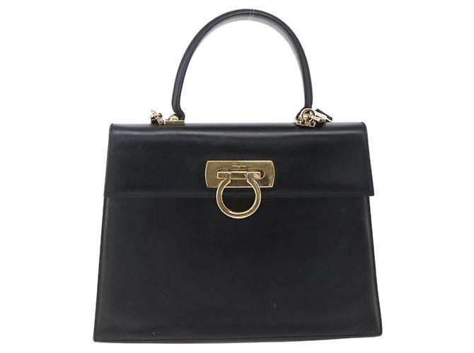 Borsa a mano in pelle Gancini Salvatore Ferragamo 2 in 1 Nero Oro Auth BA7984 - vista 2