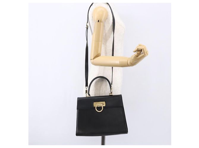 Borsa a mano in pelle Gancini Salvatore Ferragamo 2 in 1 Nero Oro Auth BA7984 - vista 23