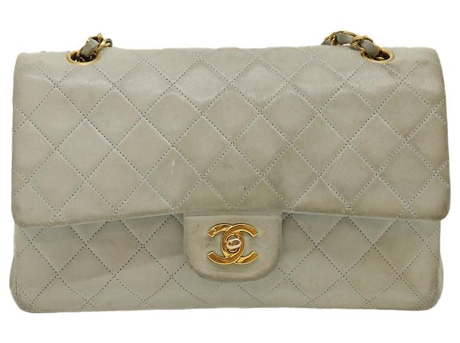 CHANEL Classico Matelassé 25 Borsa a Spalla con Catena Doppia in Pelle di Agnello Auth 29961V D'oro Blu chiaro - vista 13