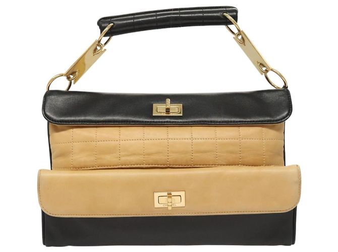 CHANEL Borsa a Mano Choco Bar in Pelle di Agnello Beige Nera CC Auth 123516V Nero - vista 13