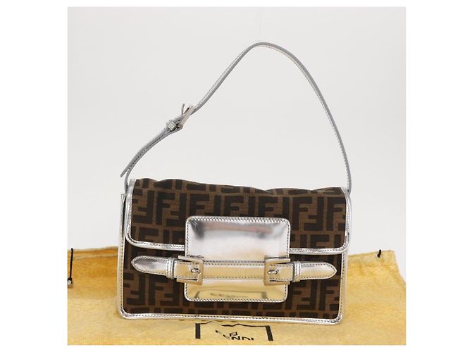 Borsa a Spalla in Tela Zucca FENDI Nera Marrone Auth 169711V Nero - vista 12