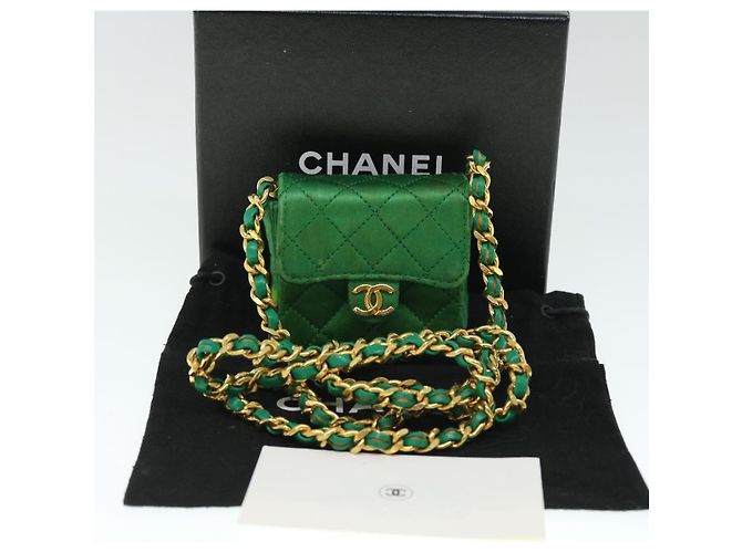 CHANEL Mini Matelassé Borsa a Spalla con Catena Satin Verde Oro CC Auth 51271V D'oro - vista 12
