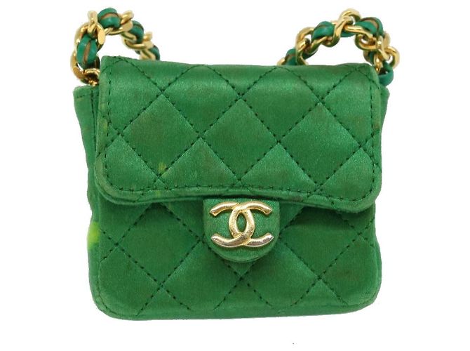 CHANEL Mini Matelassé Borsa a Spalla con Catena Satin Verde Oro CC Auth 51271V D'oro - vista 13
