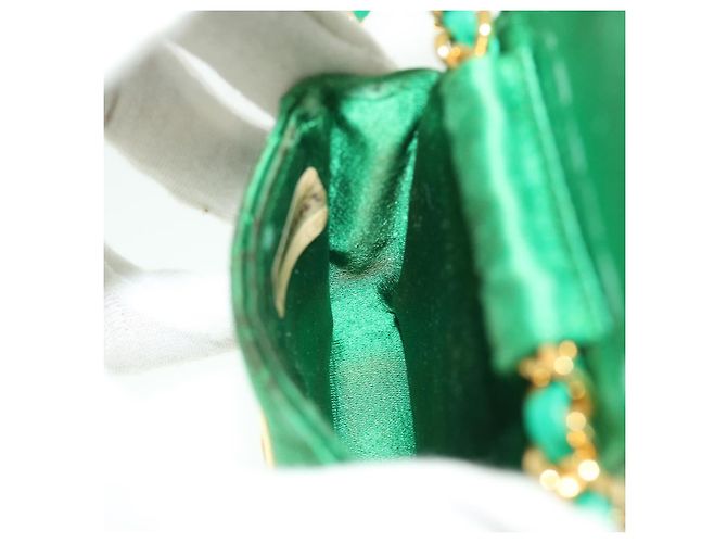 CHANEL Mini Matelassé Borsa a Spalla con Catena Satin Verde Oro CC Auth 51271V D'oro - vista 22