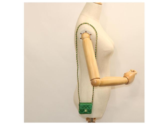 CHANEL Mini Matelassé Borsa a Spalla con Catena Satin Verde Oro CC Auth 51271V D'oro - vista 24