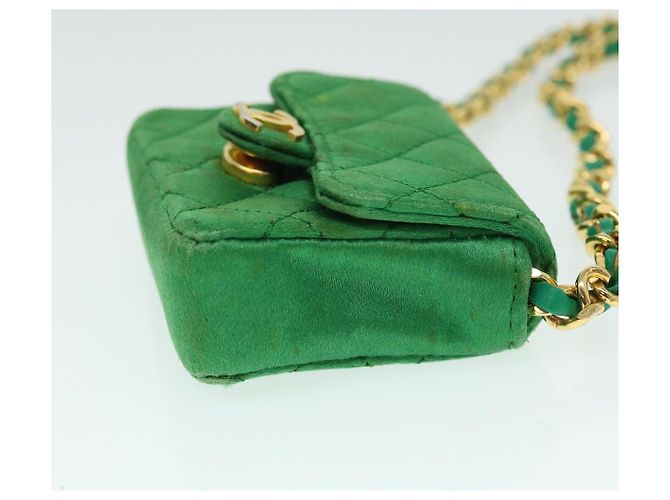CHANEL Mini Matelassé Borsa a Spalla con Catena Satin Verde Oro CC Auth 51271V D'oro - vista 4