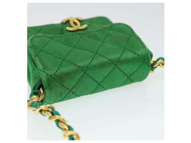 CHANEL Mini Matelassé Borsa a Spalla con Catena Satin Verde Oro CC Auth 51271V D'oro - vista 6