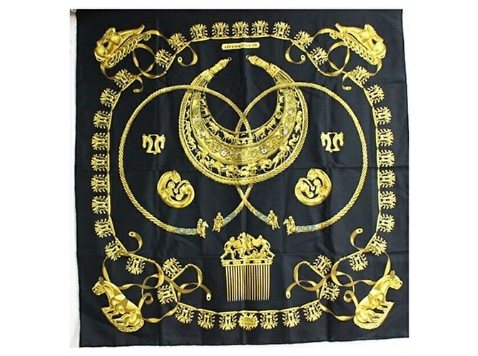Bufanda de seda Hermès - LOS CAVALEROS DE ORO Negro Amarillo - vista 2