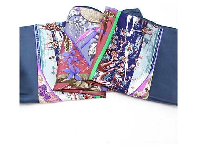 Sciarpa in seta Hermès Carré 90 TROPIQUES Blu Porpora - vista 7