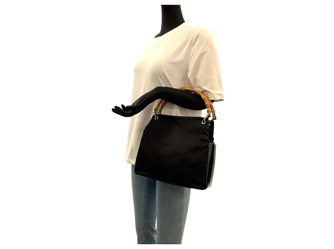 Borsa Tote in Nylon e Pelle Gucci Bamboo Nero - vista 7