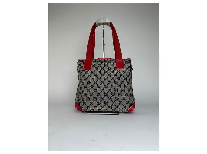Bolso de mano de lona y cuero monograma Gucci vintage gris negro rojo - vista 2