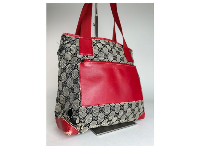 Bolso de mano de lona y cuero monograma Gucci vintage gris negro rojo - vista 9