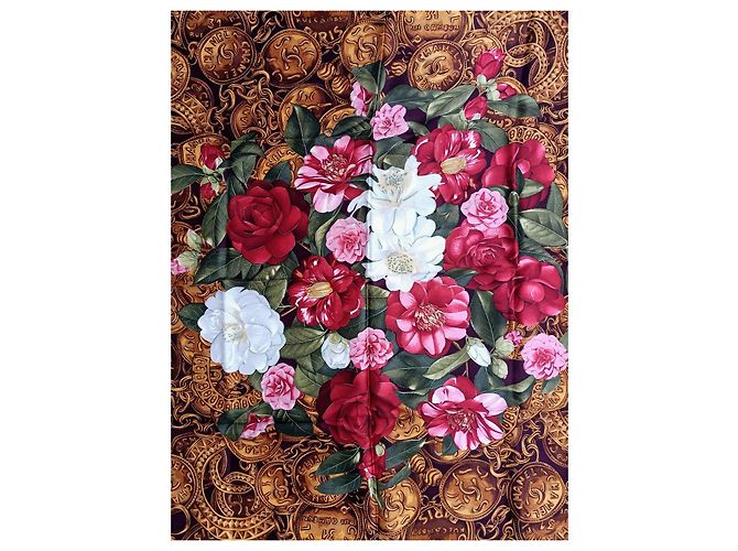 Sciarpa vintage anni '80 di Chanel, sciarpa Chanel con camelie e monete Marrone - vista 5