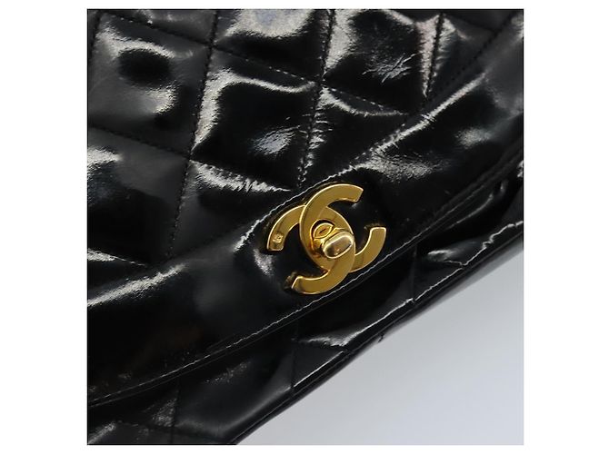 CHANEL Diana 25 Borsa a Catena Matelassé Pelle Verniciata Nera Oro CC Auth bs34314 - vista 14