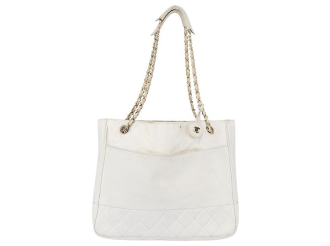 Borsa a spalla a catena CHANEL in pelle bianca oro CC Auth mr2247 Bianco D'oro - vista 2