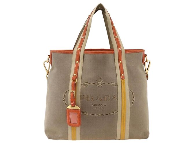 PRADA Bolsa de Mão Logo jacquard 2way Bege Ouro Auth ka3542 Dourado - vista 2