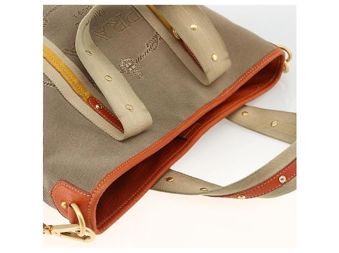 PRADA Bolsa de Mão Logo jacquard 2way Bege Ouro Auth ka3542 Dourado - vista 6