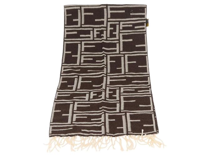 FENDI Sciarpa in Tela Zucca Lana Avorio Marrone Auth 174421A Crudo - vista 2
