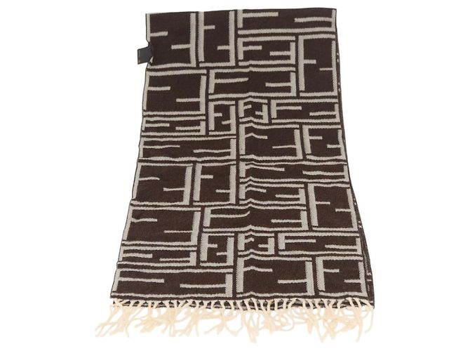 FENDI Sciarpa in Tela Zucca Lana Avorio Marrone Auth 174421A Crudo - vista 3