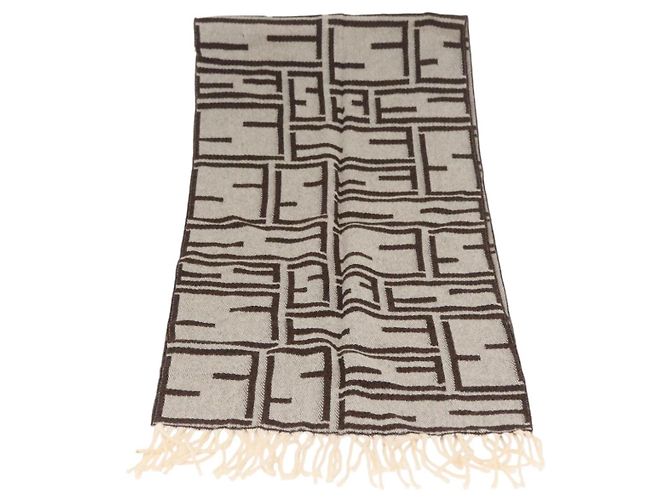 FENDI Sciarpa in Tela Zucca Lana Avorio Marrone Auth 174421A Crudo - vista 4