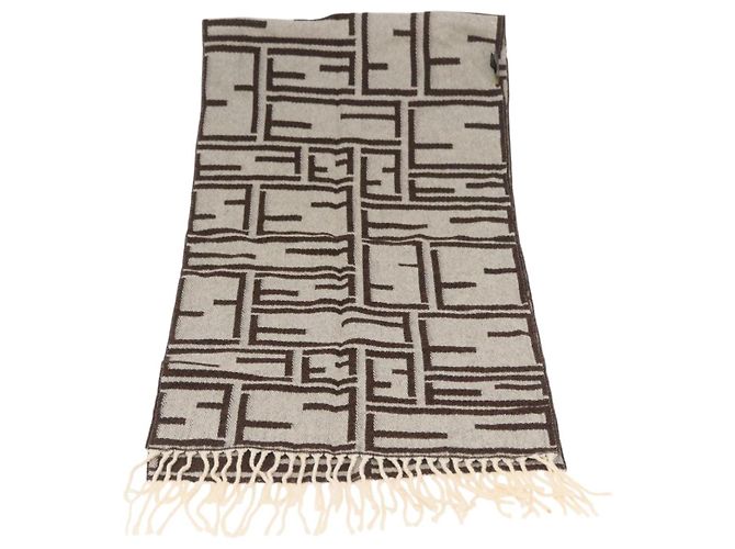 FENDI Sciarpa in Tela Zucca Lana Avorio Marrone Auth 174421A Crudo - vista 5