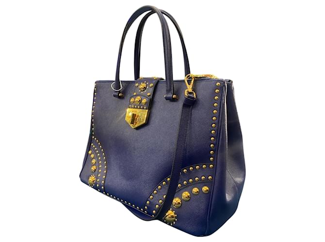 Double Borsa in pelle blu notte Prada con perle dorate - vista 2