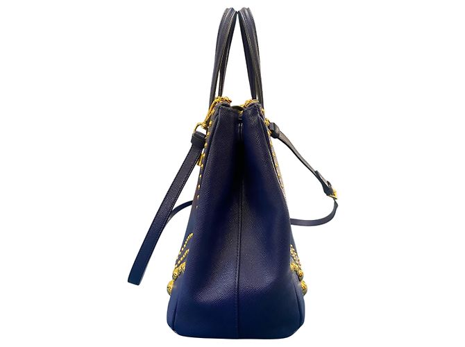 Double Borsa in pelle blu notte Prada con perle dorate - vista 3