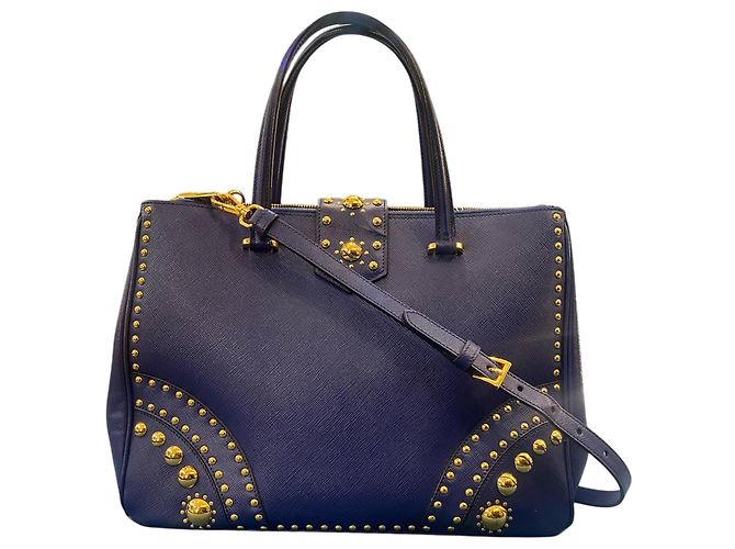 Double Borsa in pelle blu notte Prada con perle dorate - vista 4