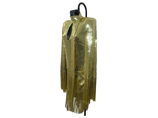 Abito giallo con frange di paillettes Balmain con lavallière - vista 2