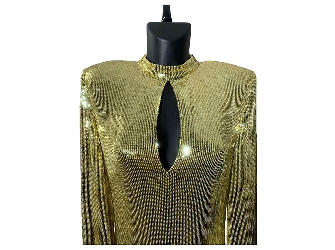 Abito giallo con frange di paillettes Balmain con lavallière - vista 3