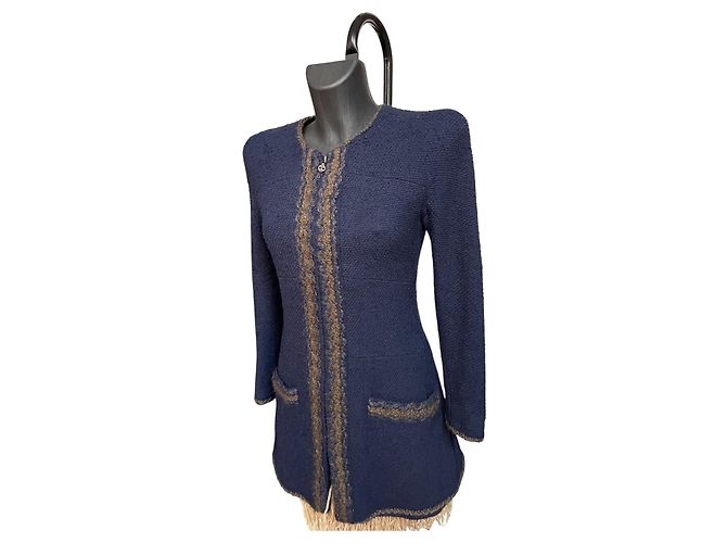 Timeless Giacca in maglia bouclé blu navy Chanel Boutique con zip CC - vista 2