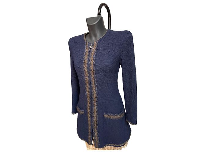 Timeless Giacca in maglia bouclé blu navy Chanel Boutique con zip CC - vista 7