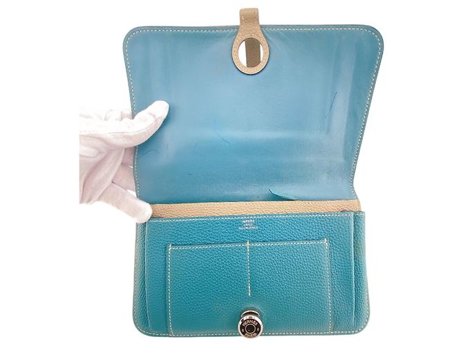 Portafoglio Lungo Dogon GM di Hermès in pelle Togo beige e blu - vista 8