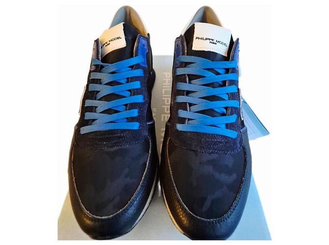 Philippe Model Sneakers basse in pelle e camoscio con camouflage blu Nero Bianco - vista 5