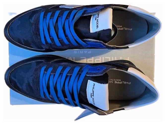 Philippe Model Sneakers basse in pelle e camoscio con camouflage blu Nero Bianco - vista 6