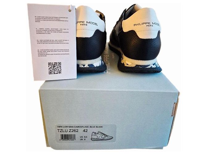 Philippe Model Sneakers basse in pelle e camoscio con camouflage blu Nero Bianco - vista 8