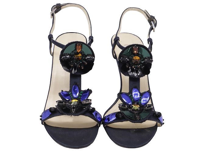Prada Sandali con tacco e cinturino alla caviglia decorati con gioielli in satin blu navy - vista 2