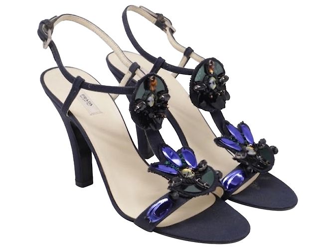 Prada Sandali con tacco e cinturino alla caviglia decorati con gioielli in satin blu navy - vista 3