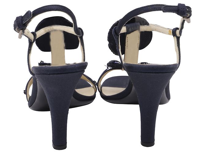 Prada Sandali con tacco e cinturino alla caviglia decorati con gioielli in satin blu navy - vista 5