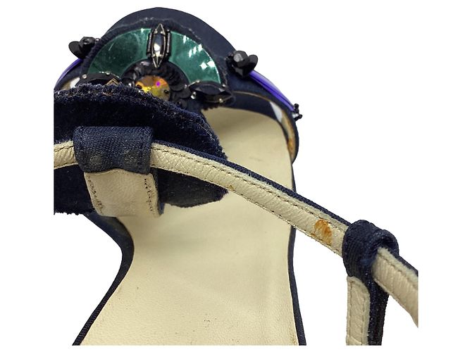 Prada Sandali con tacco e cinturino alla caviglia decorati con gioielli in satin blu navy - vista 8