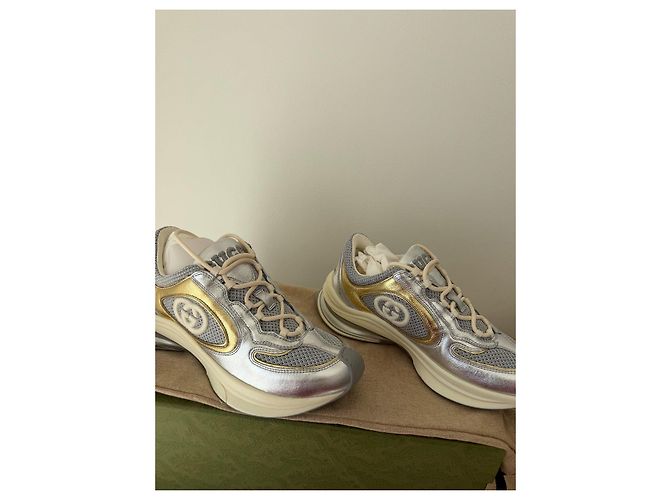 Sneakers Gucci in pelle e rete argentate e dorate D'oro Grigio Silver hardware - vista 7