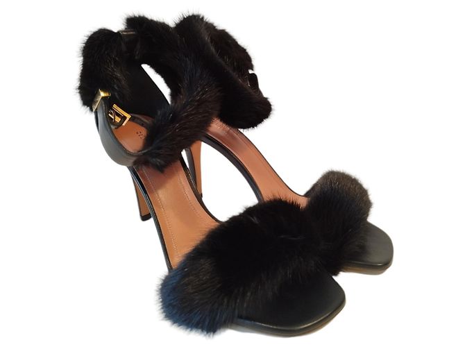 Céline Sandalias de tacón Celine de cuero y piel de visón negro - vista 2